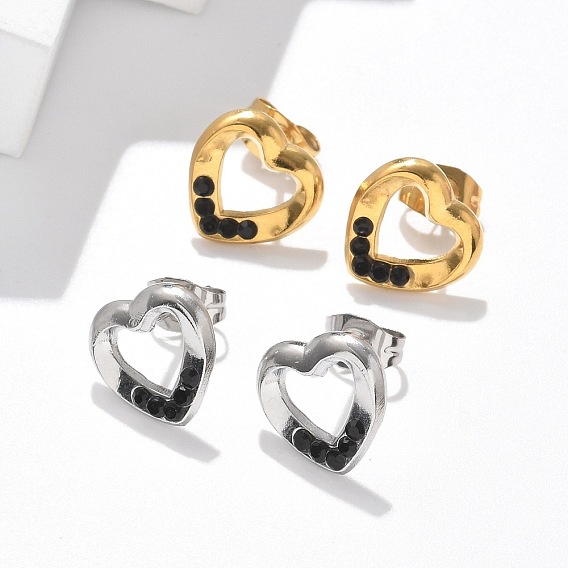 304 из нержавеющей стали серьги, со стразами, ионное покрытие (ip), сердце
