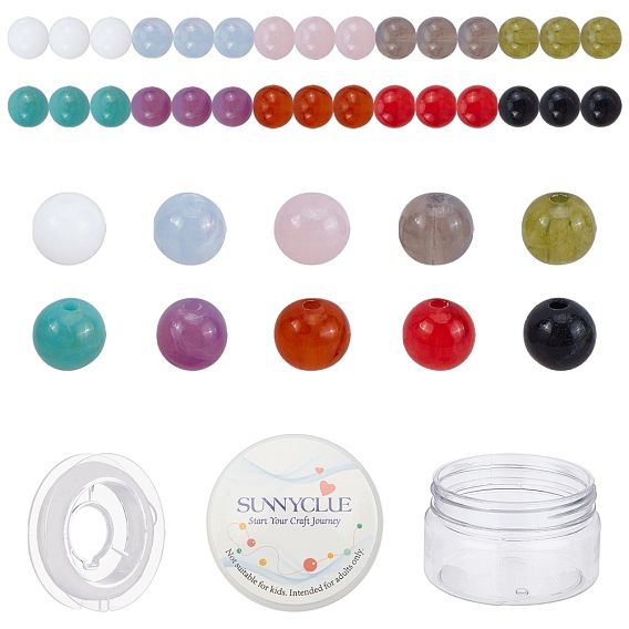 200Pcs 10 Colors Imitation Gemstone Acrylic Beads for DIY Bracelets Making Kits, with 1Roll Beading Elastic Thread