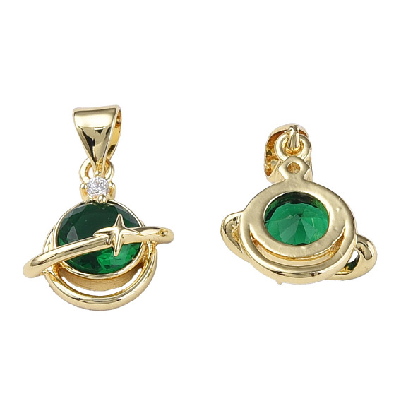 Brass Micro Pave Cubic Zirconia Pendants, with Brass Snap on Bails, Nickel Free, Real 18K Gold Plated, Flat Round with Star