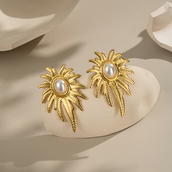 Серьги-гвоздики из нержавеющей стали в форме листа, с имитацией жемчуга