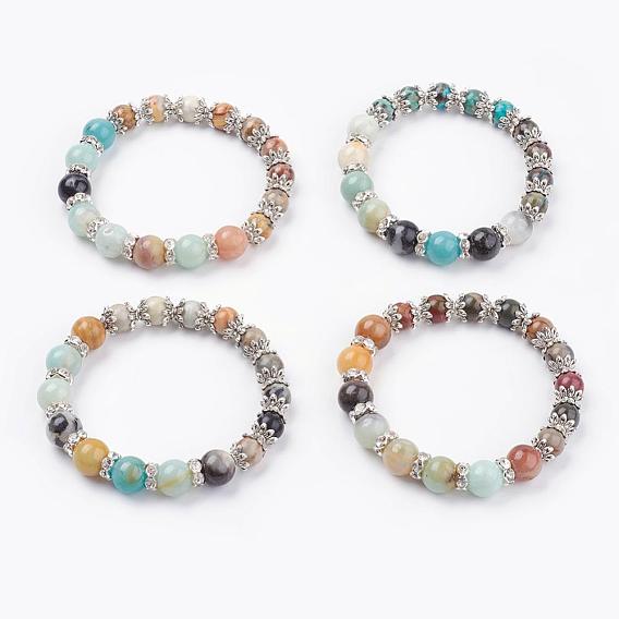 Natürlicher Edelstein bead Ausdehnungs-Armbänder, mit Messingfunden und Strassfunden, Runde