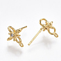 Brass Stud Earring Findings, with Loop & Cubic Zirconia, Cross, Nickel Free
