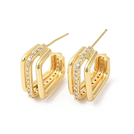 Clear Cubic Zirconia Square Stud Earrings, Brass Half Hoop Earrings for Women