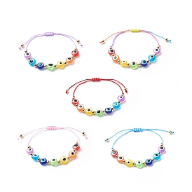 Evil Eye Resin Bead & Brass Braided Beaded Bracelets for Girl Women, Adjustable Nylon Threads Cord Bracelet
