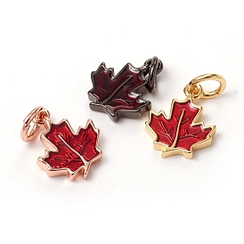 Autumn Theme Brass Charms, with Enamel and Jump Rings, Long-Lasting Plated, Maple Leaf, Red