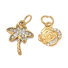 304 Stainless Steel Micro Pave Clear Cubic Zirconia Pendants, Coconut Tree/Rose Charms, Long-Lasting Plated, Ion Plating(IP)