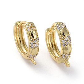 Brass Micro Pave Cubic Zirconia Huggie Hoop Earring Findings, with Horizontal Loop, Ring, Clear