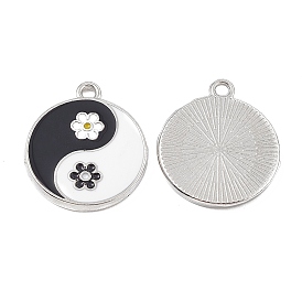 Alloy Enamel Pendants, Flat Round with Yin Yang & Flower Charm