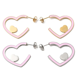 304 Stainless Steel Heart Stud Earrings, Pink Enamel Half Hoop Earrings