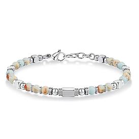 Регулируемые 304 браслеты из нержавеющей стали с бусинами из драгоценных камней, прямоугольные