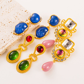 Vintage Colorful Glass Earrings - Retro Chic, Elegant, Luxurious Gold Earrings.