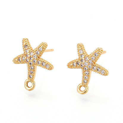 Brass Micro Pave Cubic Zirconia Stud Earring Findings, Starfish, Nickel Free, Long-Lasting Plated, Real 18K Gold Plated