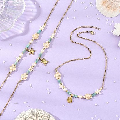 304 Stainless Steel Sea Animals Pendant Satellite Chain Necklaces with Synthetic Turquoise and Natural Amazonite Heishi Beads, Mixed Shapes
