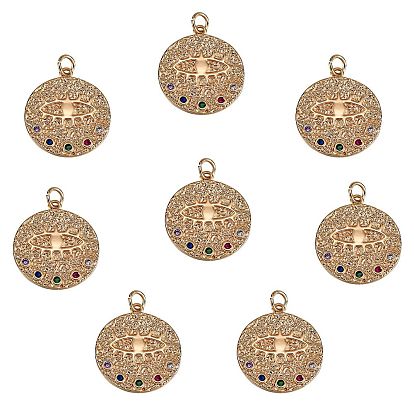 Colgantes de circonitas cúbicas de colores con micro pavé de latón chapado en rack, con anillos de salto, sin níquel, plano y redondo con ojos malvados