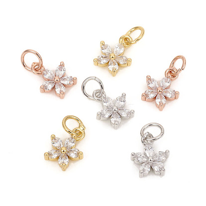 Brass Micro Pave Cubic Zirconia Charms, with Jump Rings, Flower, Clear