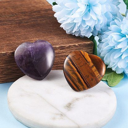 2Pcs 2 Style Heart Natural Mixed Gemstone Massage, with 1Pc Velvet Cloth Drawstring Bags