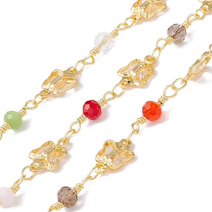 Handmade Eco-friendly Brass Butterfly Link Chain, with Glass Beaded, Real 18K Gold Plated, Lead Free & Cadmium Free, Soldered, with Spool