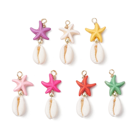 Подвески из искусственной бирюзы, окрашенной в виде морской звезды, и натуральной ракушки каури, с немагнитными синтетическими гематитовыми бусинами и петлями из медной проволоки, золотые