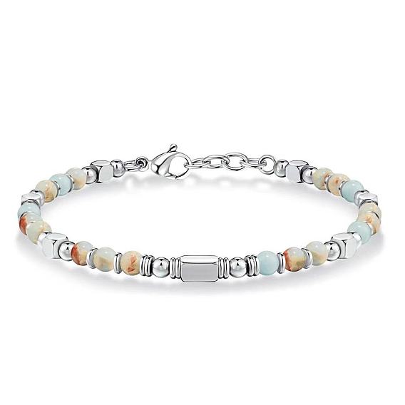 Регулируемые 304 браслеты из нержавеющей стали с бусинами из драгоценных камней, прямоугольные