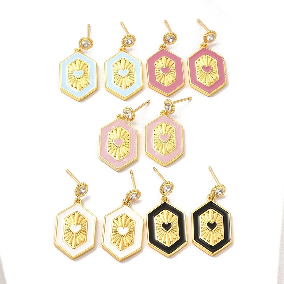 Латунные микро проложить серьги стержня кубического циркония, эмалированная шестигранная серьга с подвеской в форме сердца для женщин, реальный 18 k позолоченный, без свинца и без кадмия