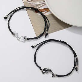 2Набор браслетов из сплава с эмалированными звеньями, Регулируемые плетеные браслеты из вощеного шнура для пар, символ дружбы., инь-ян декоративный карп