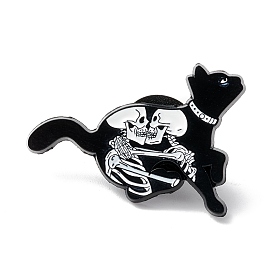 Cat with Skeleton Enamel Pin, Halloween Alloy Brooch for Backpack Clothes, Electrophoresis Black