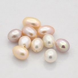 Natural Cultured Freshwater Pearl Beads, Half Drilled, Rice, Grade AAA, 7~8x5~5.5mm, Half Hole: 1mm