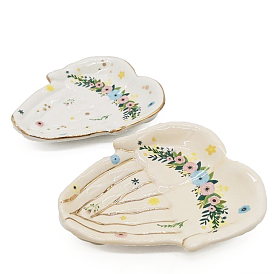 Palm Shape with Flower Pattern Ceramics Jewelry Plate, Storage Tray for Rings, Necklaces, Earring, Photography Props