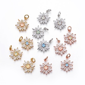 Brass Micro Pave Cubic Zirconia Pendants, with Synthetic Opal, Flower