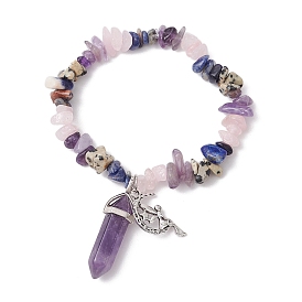 Natural & Synthetic Mixed Stone Chips Stretch Bracelets, with Tibetan Style Alloy Charms