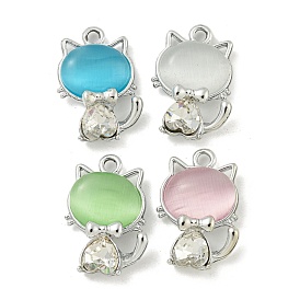 UV Plating Alloy Rhinestone Pendants, with Glass Imitation Cat Eye, Cadmium Free & Lead Free, Platinum, Cat Shape