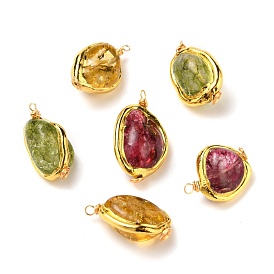 Nuggets Dyed Natural Quartz Crystal Pendants, Edge Golden Plated, with Real 18K Gold Plated Eco-Friendly Copper Wire
