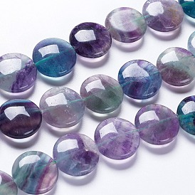 Natural Fluorite Beads Strands, Flat Round