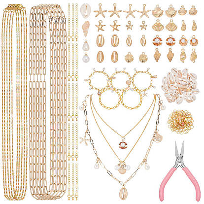 DIY Jewelry Making Kit, include Electroplate Alloy & ABS Imitation Pearl Pendants, Natural Spiral Shell Beads, ABS Plastic Imitation Pearl Charms, Brass Cable Chain Necklaces, Brass Paperclip Chains