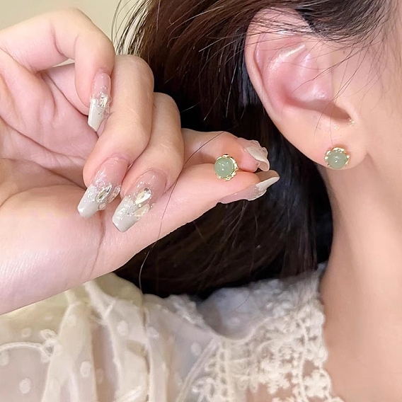 Alloy & Half Round Glass Studs Earrings, with Rhodium Plated 925 Sterling Silver Pins