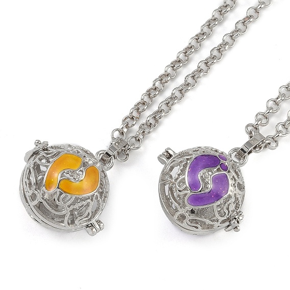 Brass Enamel Pendant Necklaces, Iron Rolo Chains, Round with Footprint Pattern, Platinum