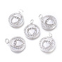 Brass Micro Pave Cubic Zirconia Pendants, with Jump Rings and Natural Shell, Long-Lasting Plated, Cadmium Free & Lead Free & Nickel Free, for Religion, Flat Round with Heart & Cross, Clear