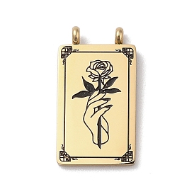 304 Stainless Steel Pendants, with Enamel, Rectangle with Flower Charm, Golden