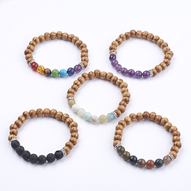 Natural Gemstone Stretch Bracelets, with Wood Beads and Alloy Beads, Burlap Bags