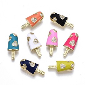 Brass Micro Pave Clear Cubic Zirconia Pendants, with Enamel, Cadmium Free & Nickel Free & Lead Free, Real 16K Gold Plated, Ice Cream with Word Happy