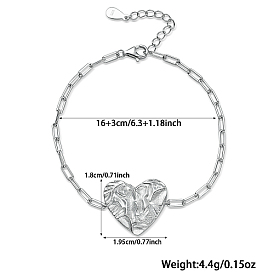 Rhodium Plated 925 Sterling Silver Cable Chains Bracelets, Heart Link Bracelets for Women