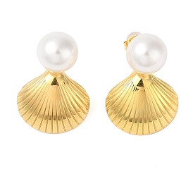 304 Stainless Steel Stud Earrings, with ABS Imitation Pearl Beads, Shell Shape