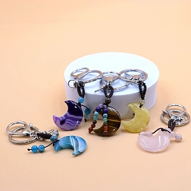 Natural Gemstone Charms Keychains, Moon