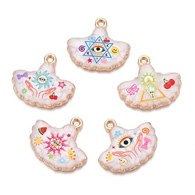 Printed Rack Plating Alloy Enamel Pendants, Golden, Ginkgo Leaf with Evil Eye Charm