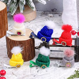 Christmas Party Hair Accessories, Knitted Hat Cloth Rhinestone Alligator Hair Clip, with Iron Clip