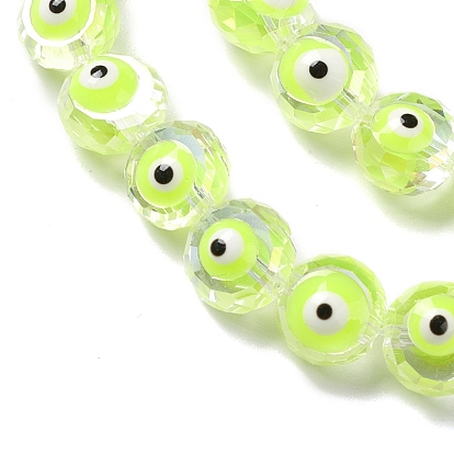 Transparent Evil Eye Glass Beads Strands, with Enamel,   Faceted, Flat Round