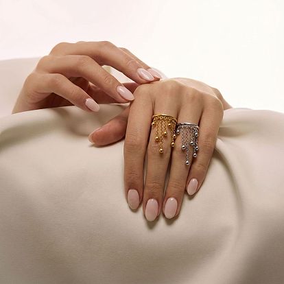 304 Stainless Steel Round Bead Tassel Finger Rings