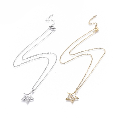 Brass Micro Pave Clear Cubic Zirconia Pendant Necklaces, with 304 Stainless Steel Cable Chains, Star