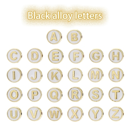 26Pcs 26 Style Alloy Enamel Beads, Cadmium Free & Lead Free, Light Gold, Flat Round with Alphabet