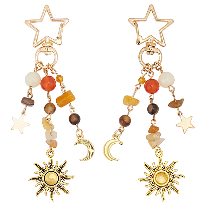 2шт. подвески в виде звезды и луны из сплава, с натуральным драгоценным камнем и стеклянными бусами